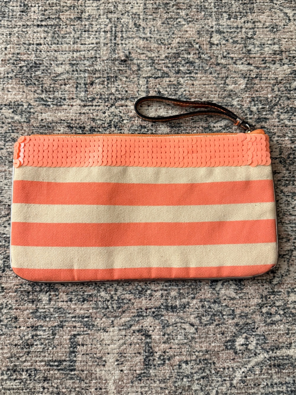 LOFT Coral and Cream Striped Wristlet Clutch with Sequin Trim